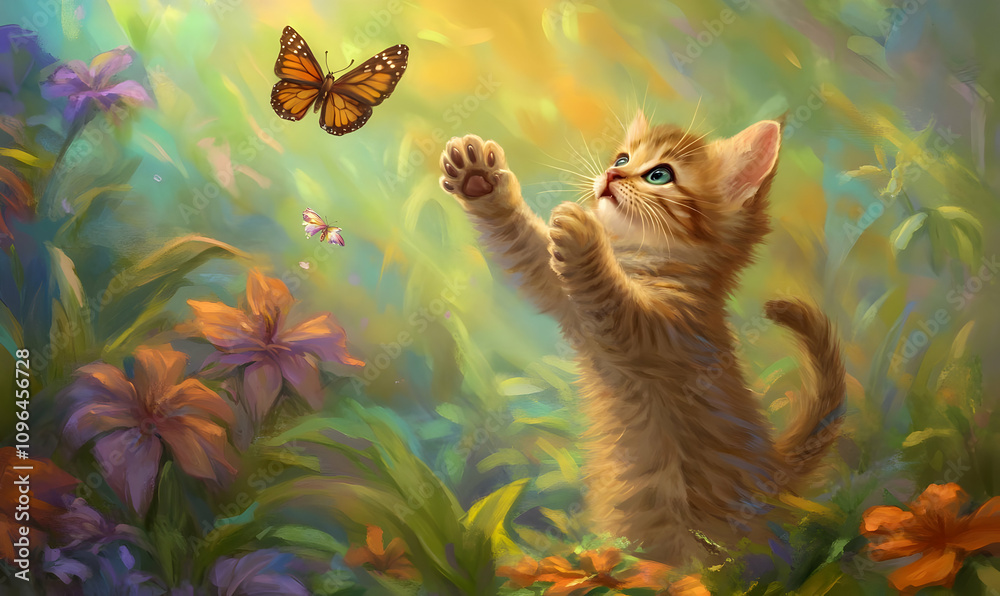 Fototapeta premium A playful kitten reaching for a butterfly in a vibrant, colorful garden.