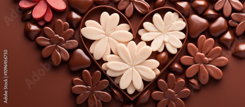 Heart shaped chocolates arranged artistically with flower motifs on a brown background ideal for romantic and confectionery themes photo