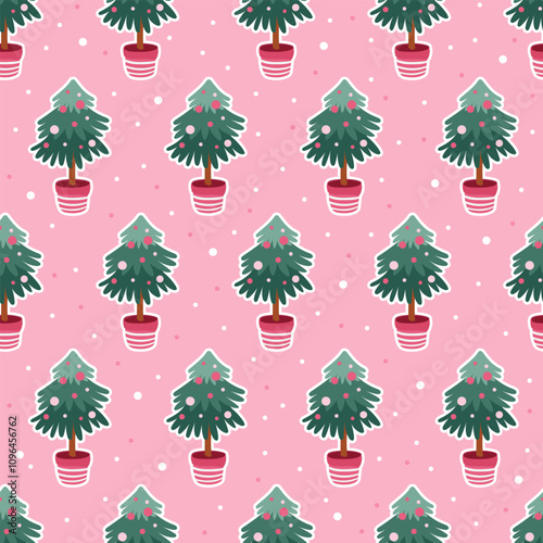 Winter seamless pattern with Christmas tree on pink background. Trendy colors. Flat style illustration, vector design for poster, banner