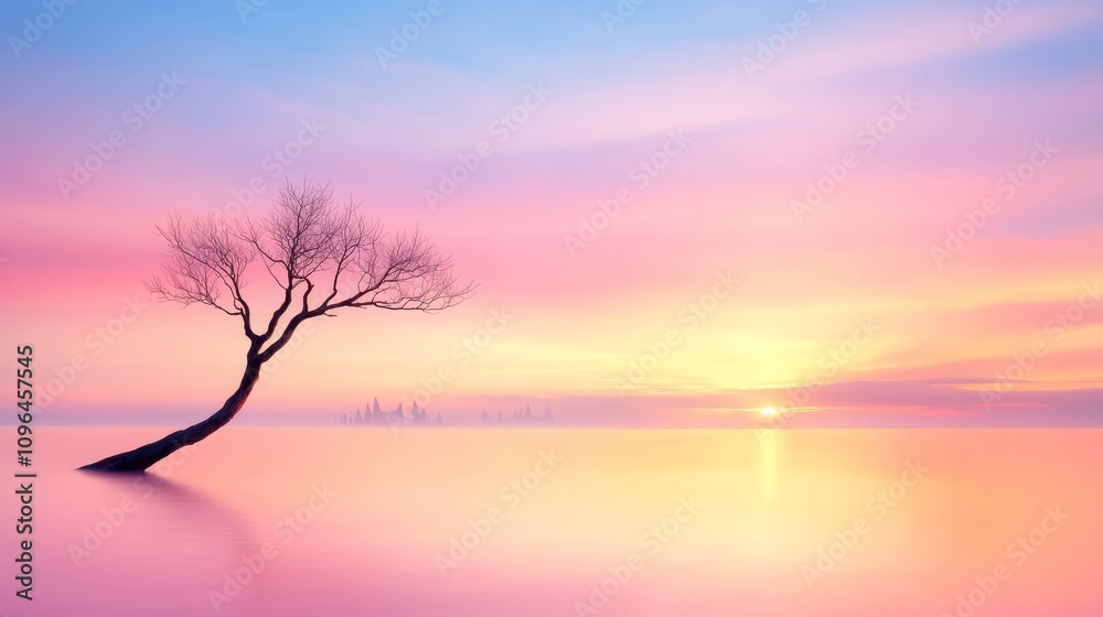 a lone tree in the middle of a body of water at sunset, with the sky in the background illuminated in a beautiful array of oranges, pinks, and purples The sun is s a lone tree in the middle of a body of water at sunset, with the sky in the background illuminated in a beautiful array of oranges, pinks, and purples The sun is s