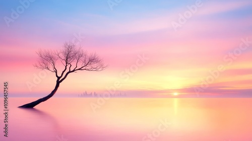  a lone tree in the middle of a body of water at sunset, with the sky in the background illuminated in a beautiful array of oranges, pinks, and purples The sun is s photo