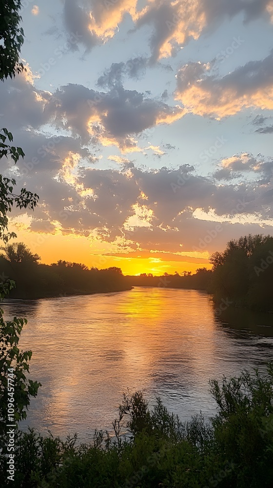 Fototapeta premium Breathtaking sunset over a tranquil river landscape.