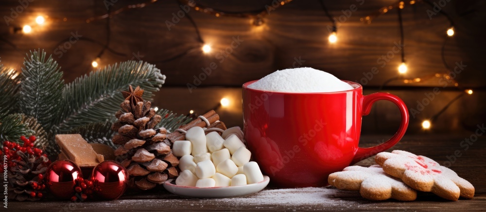 Cozy Christmas still life with red mug of cocoa marshmallows cookies festive decorations and pinecones on wooden table illuminated with lights Cozy Christmas still life with red mug of cocoa marshmallows cookies festive decorations and pinecones on wooden table illuminated with lights