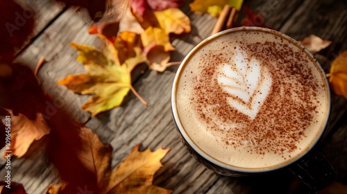 Autumn latte art in a cup, surrounded by fall leaves on a wooden table.