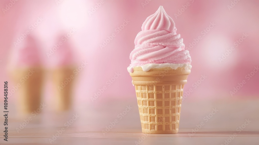 a waffle cone filled with pink ice cream sitting on top of a wooden table The background is slightly blurred, giving the focus to the cone of ice cream a waffle cone filled with pink ice cream sitting on top of a wooden table The background is slightly blurred, giving the focus to the cone of ice cream
