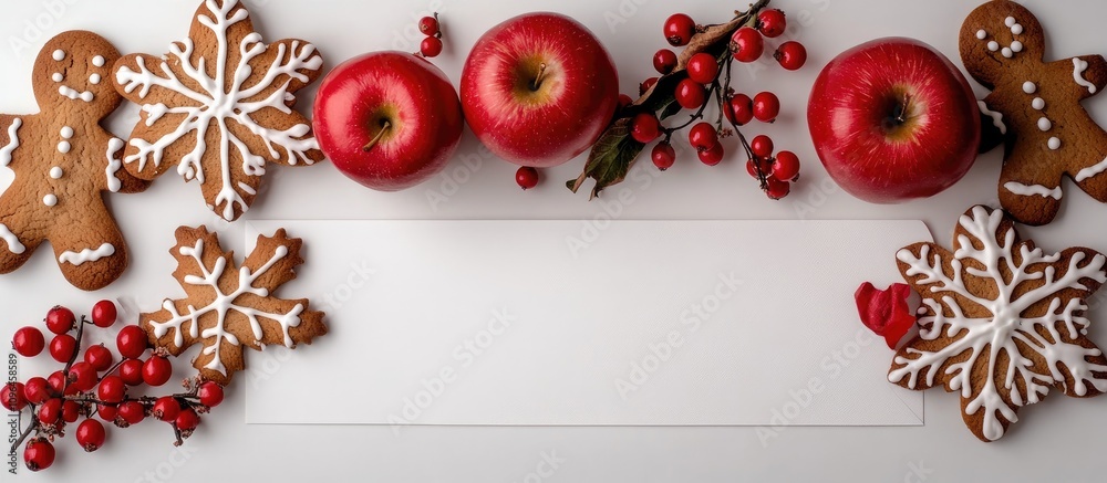 Festive Christmas backdrop with red apples berries gingerbread cookies and a blank area for text ideal for seasonal promotions and greetings Festive Christmas backdrop with red apples berries gingerbread cookies and a blank area for text ideal for seasonal promotions and greetings