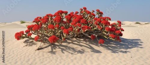 Vibrant Euphorbia paralias thriving on sandy dunes showcasing its unique red flowers against a clear blue sky. photo