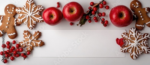 Festive Christmas backdrop with red apples berries gingerbread cookies and a blank area for text ideal for seasonal promotions and greetings photo