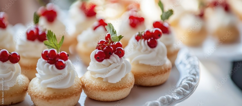 Mini cakes with whipped cream and red currants displayed on a platter Perfect for catering and food photography showcasing sweet treats Mini cakes with whipped cream and red currants displayed on a platter Perfect for catering and food photography showcasing sweet treats