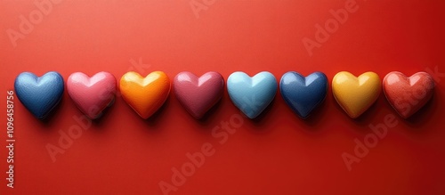 Colorful decorative hearts in various hues aligned on a vibrant red background for romantic design themes and creative projects photo