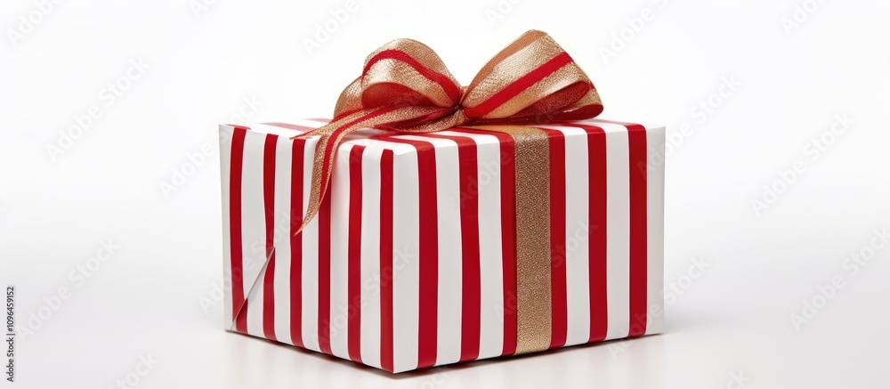 Fototapeta premium Christmas gift box with red and white stripes elegantly tied with a gold ribbon on a clean white background for festive celebrations.