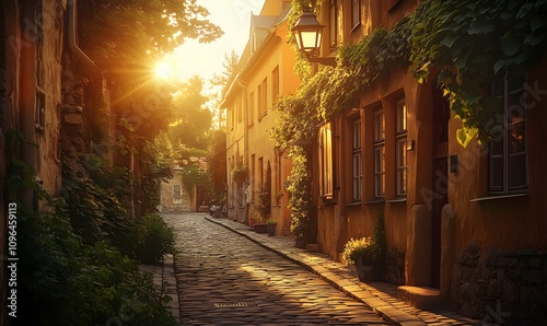 Charming Sunset Glow, Historic European street bathed in the soft, golden light of sunset