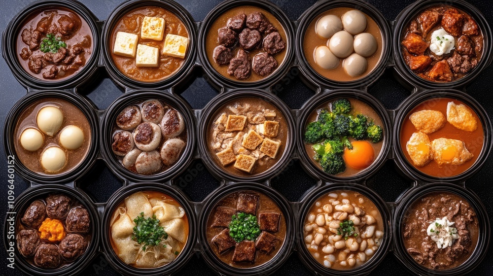 Colorful bowls of various soups arranged in a panoramic layout against a gray background, highlighting the diversity of flavors and textures Colorful bowls of various soups arranged in a panoramic layout against a gray background, highlighting the diversity of flavors and textures
