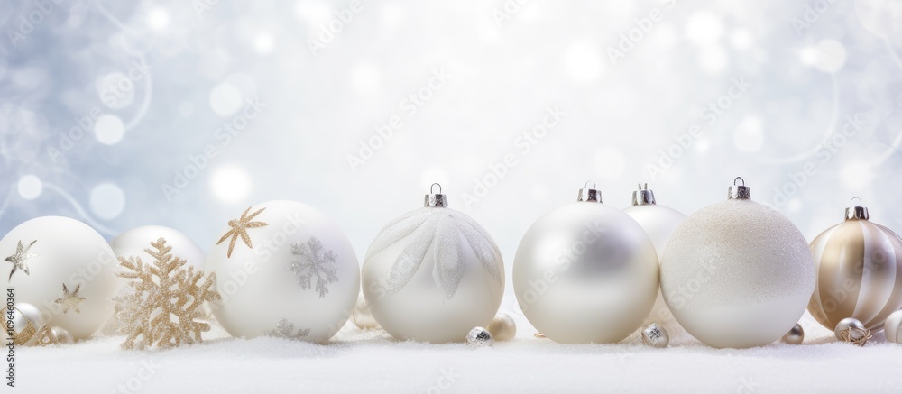 Elegant Christmas decorations featuring white balls and snowflakes on soft snow with a blurred winter background for a festive atmosphere. Elegant Christmas decorations featuring white balls and snowflakes on soft snow with a blurred winter background for a festive atmosphere.