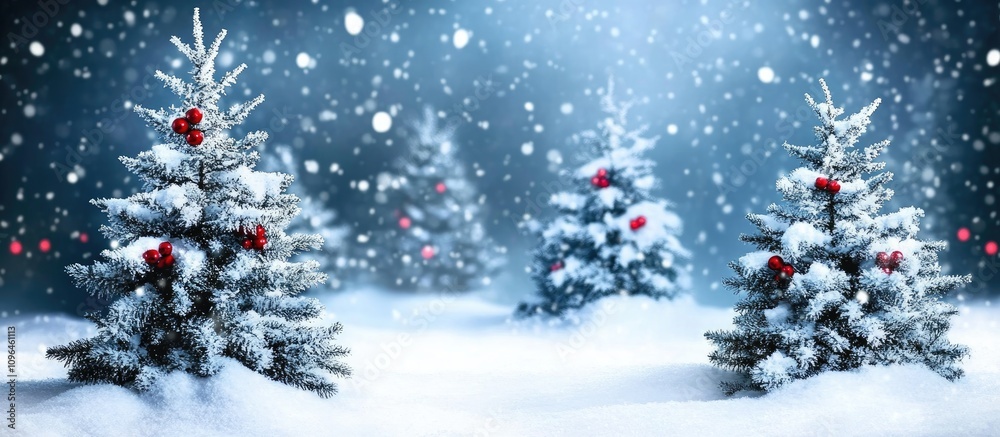Snowy fir trees adorned with red berries in a serene winter landscape with falling snowflakes, creating a festive atmosphere.