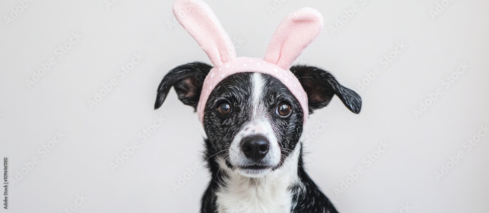 Adorable dog in bunny headband posing against a white background showcasing playful pet fashion and seasonal spirit Adorable dog in bunny headband posing against a white background showcasing playful pet fashion and seasonal spirit