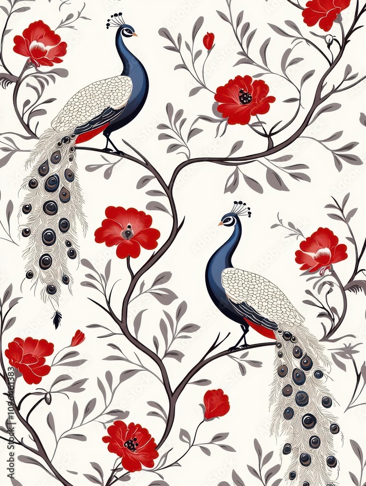 Obraz premium Elegant peacock pattern adorned with vibrant red flowers on a soft background, perfect for textiles and wallpapers.