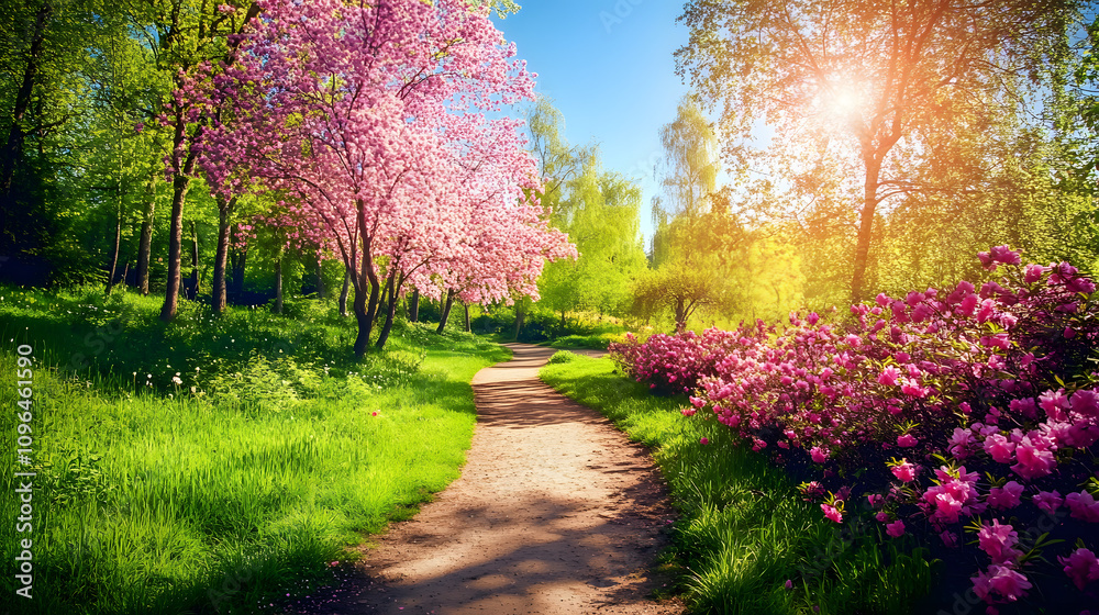A Beautiful Early Spring Day Along a Winding Dirt Path in a Vibrant Park Surrounded by Trees and Shrubs Under Clear Sunny Skies A Beautiful Early Spring Day Along a Winding Dirt Path in a Vibrant Park Surrounded by Trees and Shrubs Under Clear Sunny Skies