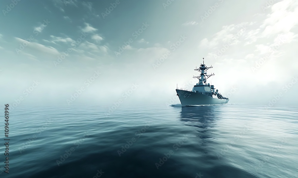 A naval ship navigating calm waters under a cloudy sky, evoking a sense of tranquility. A naval ship navigating calm waters under a cloudy sky, evoking a sense of tranquility.