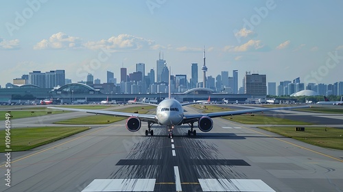 Boeing 777 taxiing on runway at Toronto Pearson International Airport with city skyline in background.
