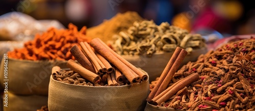 Close up of cinnamon and spices in a vibrant Souk showcasing exotic flavors and traditional market atmosphere in an old town setting photo