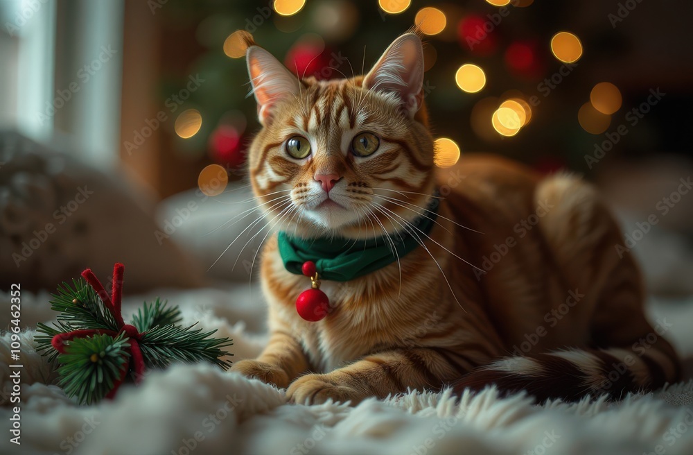 Red striped cat, close-up, in green christmas collar, blurred bokeh with Christmas tree on the back. Holidays for pets Red striped cat, close-up, in green christmas collar, blurred bokeh with Christmas tree on the back. Holidays for pets