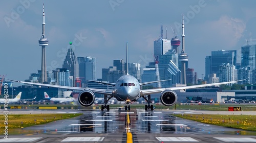 Boeing 787 Dreamliner taking off from Toronto Pearson Airport with the city skyline in the background.