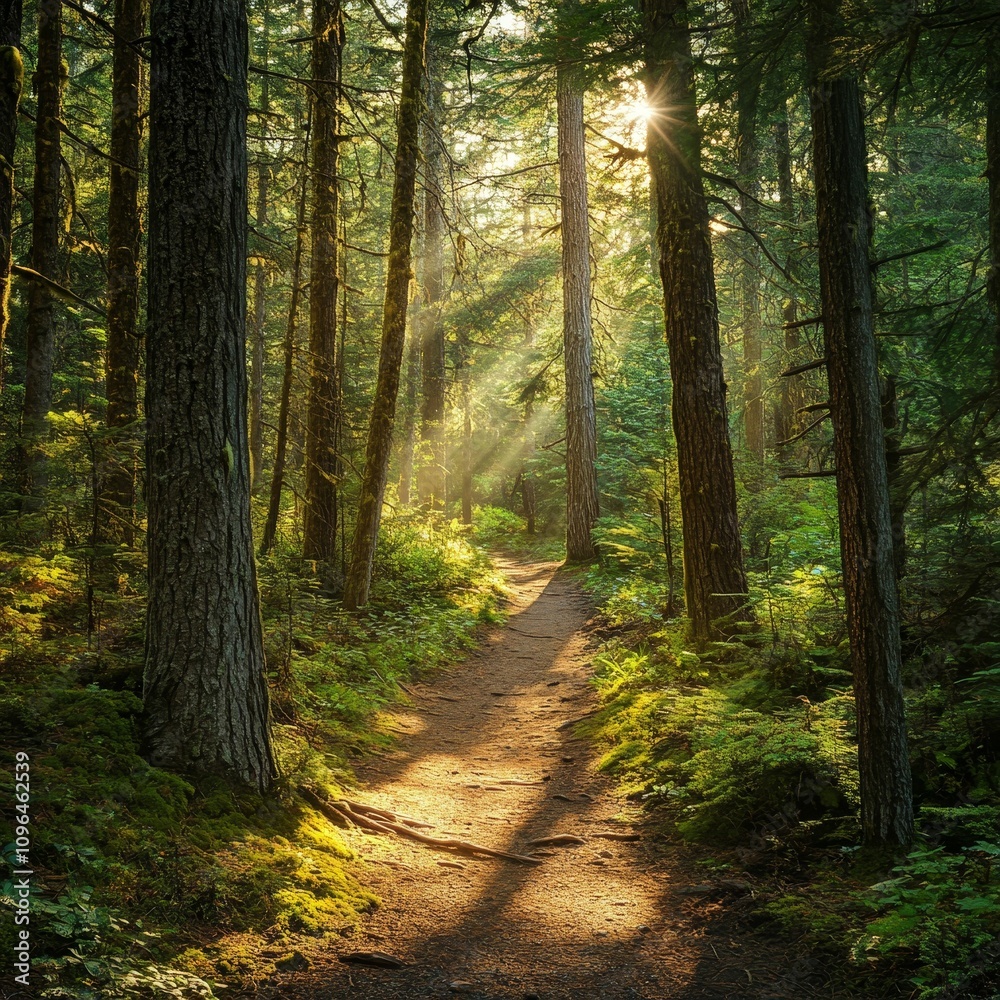 Obraz premium Sunlit forest path, mossy trees, peaceful scene.
