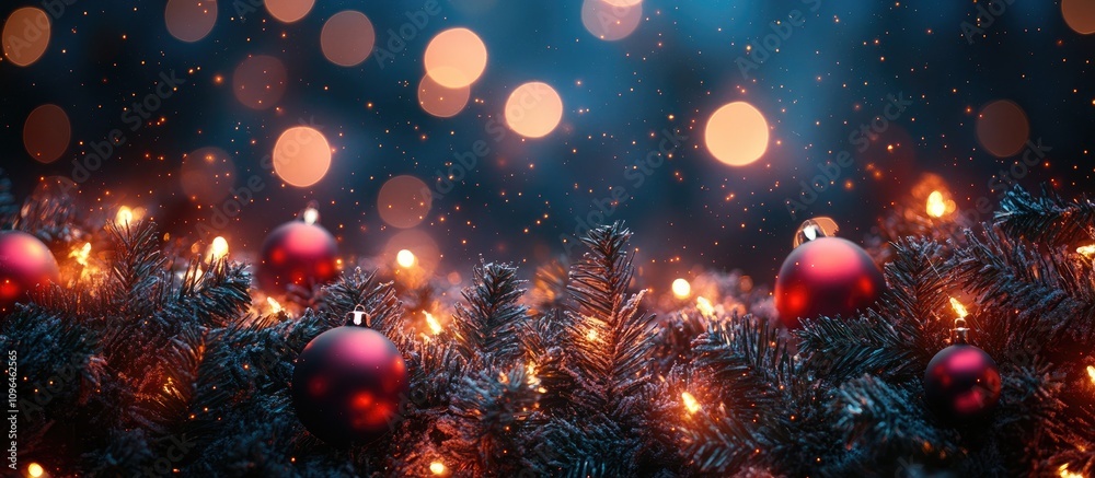 Festive Christmas background with bokeh lights and snowflakes on evergreen branches adorned with red ornaments Festive Christmas background with bokeh lights and snowflakes on evergreen branches adorned with red ornaments