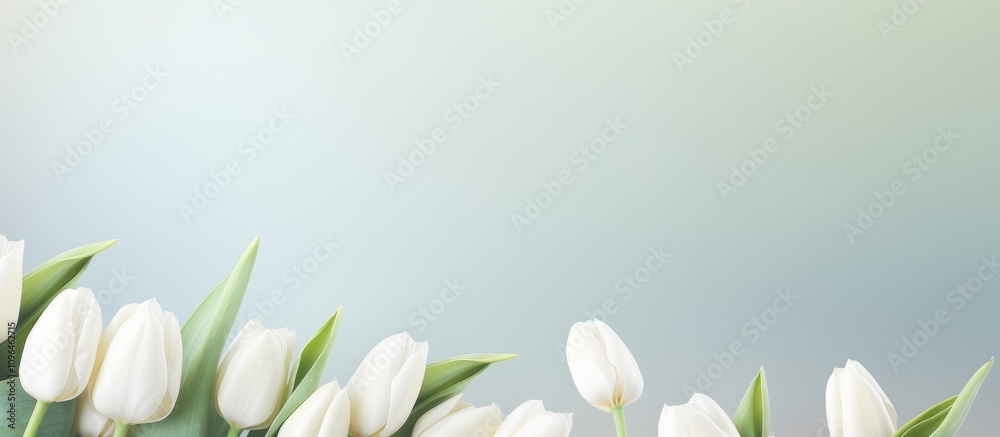 Fototapeta premium Spring-themed greeting card template with fresh white tulips and soft blurred background ideal for personalized text and seasonal wishes.