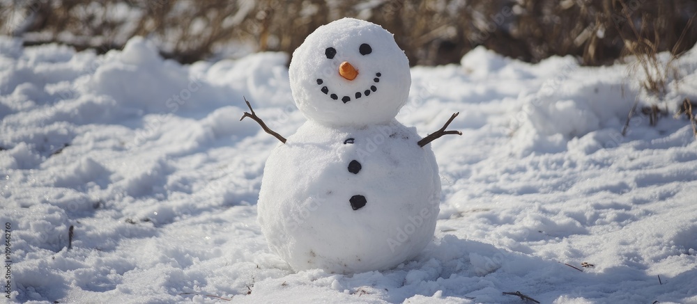 Cheerful snowman on snowy landscape with twigs for arms and a bright orange carrot nose in winter wonderland setting Cheerful snowman on snowy landscape with twigs for arms and a bright orange carrot nose in winter wonderland setting