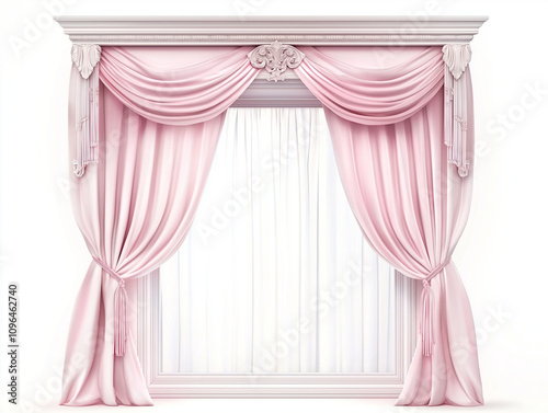 Classic Architectural Window with Flowing Pink Curtains and Tassel Tiebacks