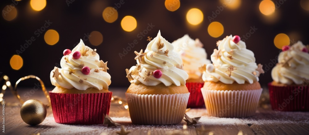 Festive Christmas cupcakes adorned with mastic decorations and a dreamy bokeh background for seasonal celebration imagery. Festive Christmas cupcakes adorned with mastic decorations and a dreamy bokeh background for seasonal celebration imagery.