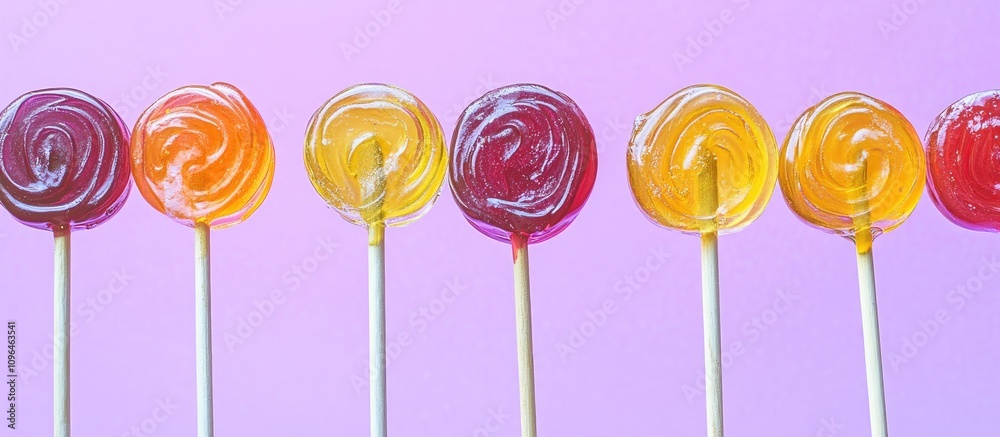 Colorful candy lollipops arranged in a row on a vibrant purple background for fun and playful themed designs Colorful candy lollipops arranged in a row on a vibrant purple background for fun and playful themed designs