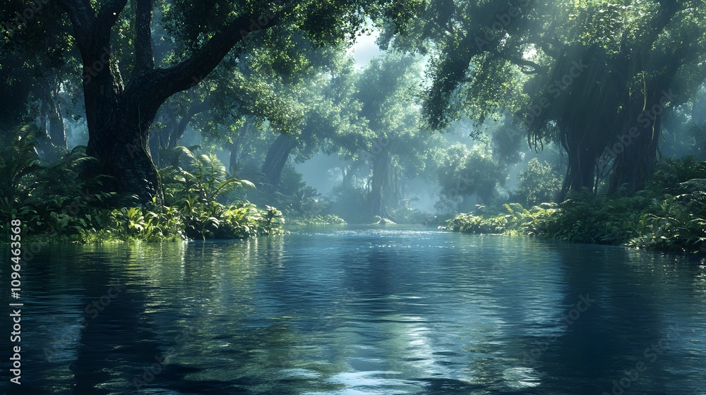 Obraz premium Serene misty forest with calm waters, lush greenery, and vibrant reflections.