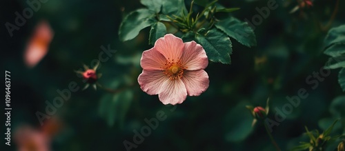 Delicate pink flower nestled among green leaves in a natural garden setting showcasing intricate petal details and soft lighting.