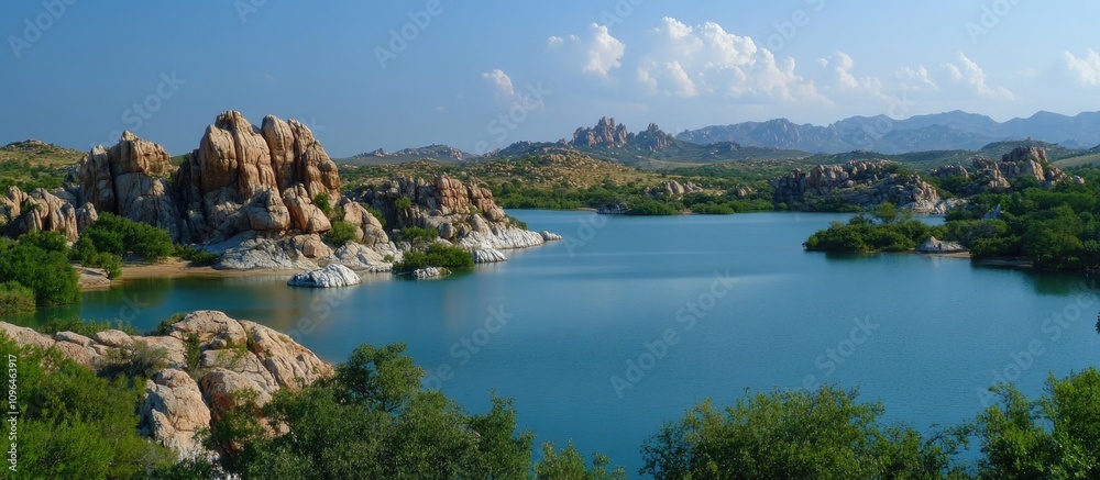 Naklejka premium Panoramic landscape of serene lagoons surrounded by majestic granite formations and lush greenery under a clear blue sky