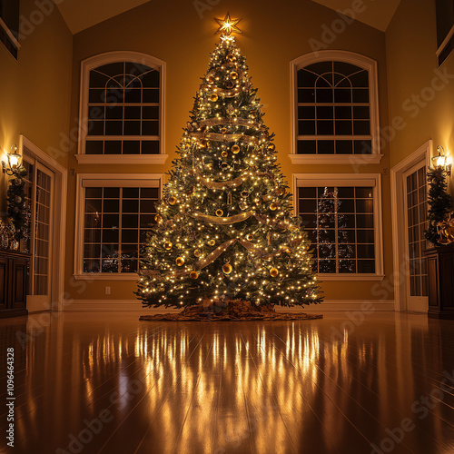 A beautifully decorated Christmas tree, adorned with golden ornaments and twinkling lights, stands in the center of an elegant living room. The soft glow from nearby windows illumi photo