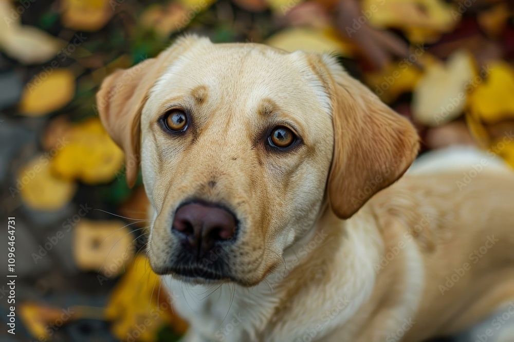 Labrador retriever dog is sitting on fallen autumn leaves and looking up Labrador retriever dog is sitting on fallen autumn leaves and looking up
