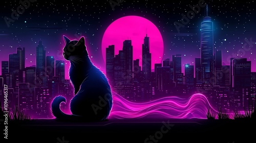 Ethereal City Skyline with Majestic Moon and Silhouetted Cat in Dramatic Neon Landscape