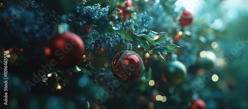 Christmas festive decorations with ornaments and twinkling lights on a tree creating a warm holiday atmosphere in a blurred background