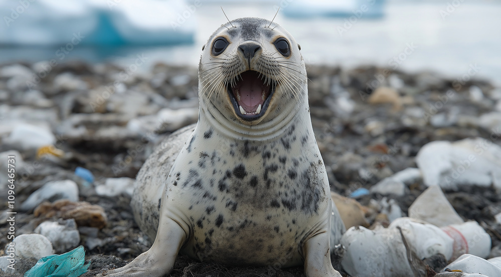 Obraz premium Cute seal on the beach of Antarctica, surrounded by plastic waste and garbage, laughing at the camera with mouth wide open, icebergs in the background, 