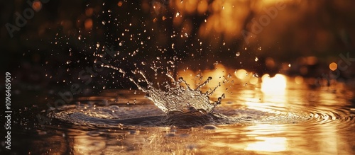 Golden sunset reflecting on water with dynamic splash creating ripples and sparkling droplets in a tranquil natural setting. photo