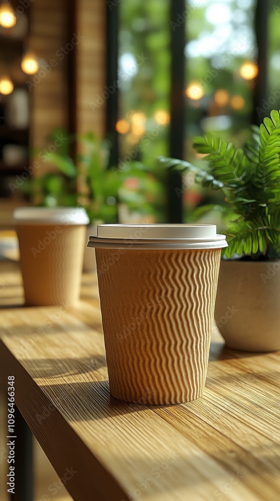 Recycled cups on a table with leaf in background