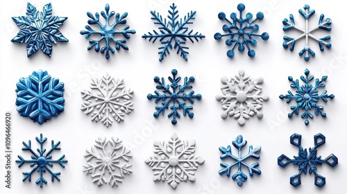 A collection of intricate snowflake designs in blue and white, perfect for winter themes and holiday decorations.