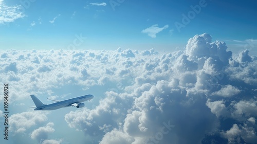 Wallpaper Mural Commercial airplane flying through clear blue skies and fluffy clouds Torontodigital.ca