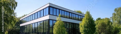 A modern building with large glass windows surrounded by greenery, showcasing contemporary architecture under a clear blue sky.