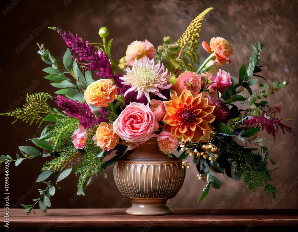 Obraz premium A stunning floral arrangement featuring pink roses, orange dahlias, purple astilbe, and various greenery is artfully displayed in an elegant bronze-colored urn.