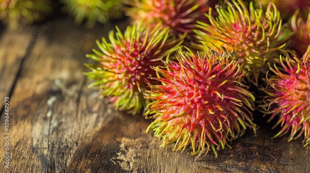 Close-up of fresh, ripe rambutans on rustic wooden surface. Close-up of fresh, ripe rambutans on rustic wooden surface.