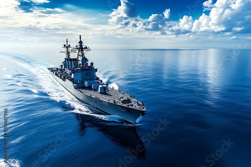 A military ship navigating through calm waters under a dramatic sky. photo